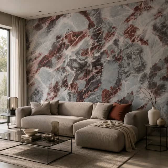 Gray marble wallpaper with red veining in a modern living room