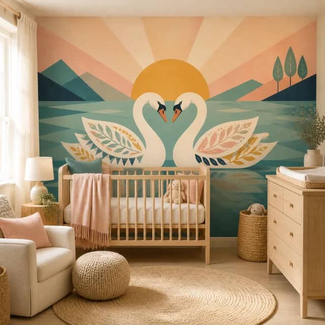 Swan heart mural in a peach and teal nursery