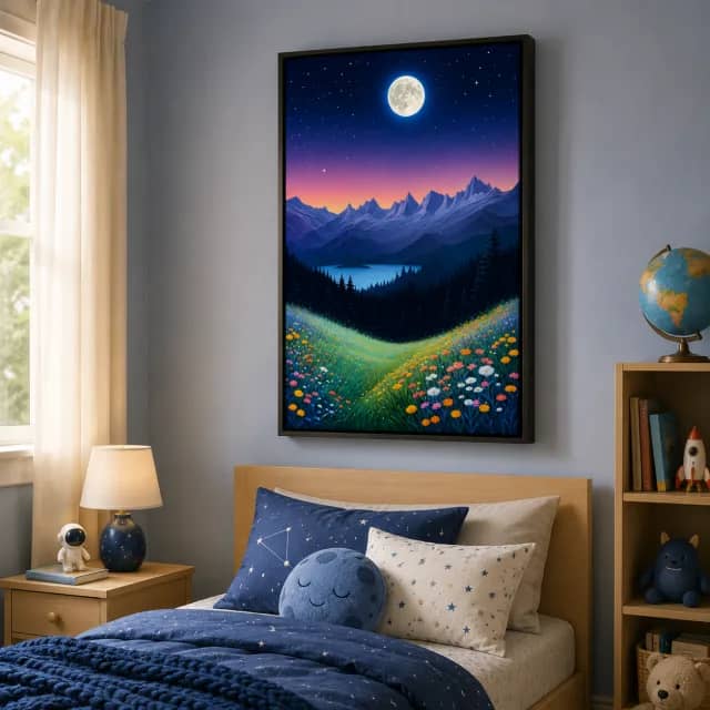 Quiet Moon Meadow in a white frame on a bright playroom wall