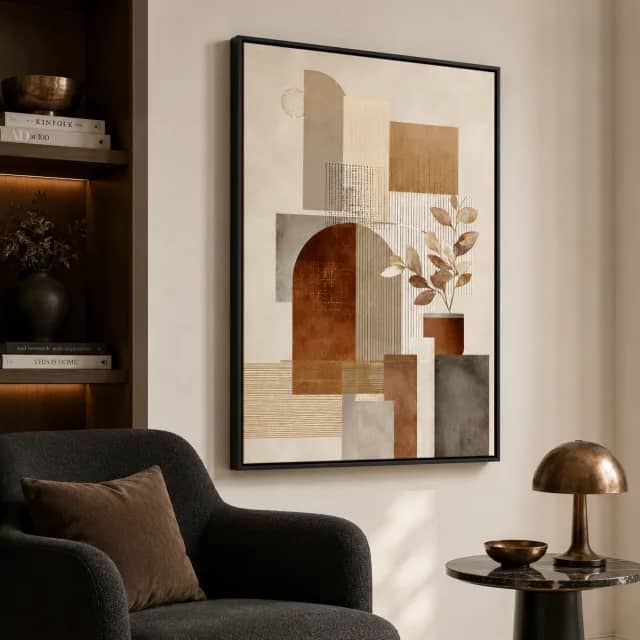 Warm Leaf Geometry in a black frame in a modern lounge with a charcoal chair and warm lighting