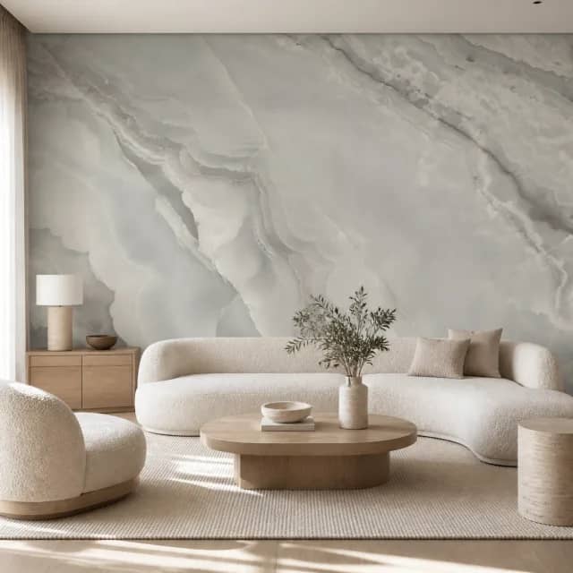 Light onyx mural on a neutral contemporary living room wall
