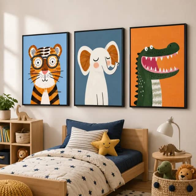 ثلاث رسومات حيوانات مرحة بإطارات سوداء فوق سرير أطفال خشبي