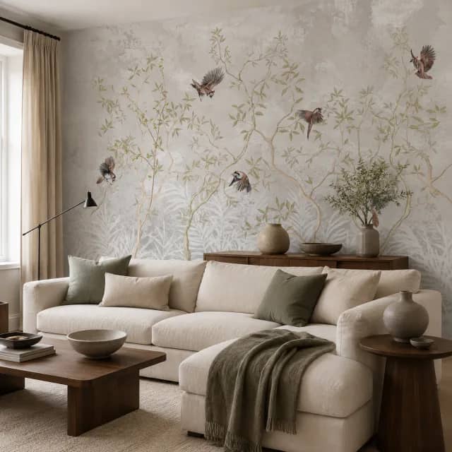 Bird and branch wallpaper in a calm living room