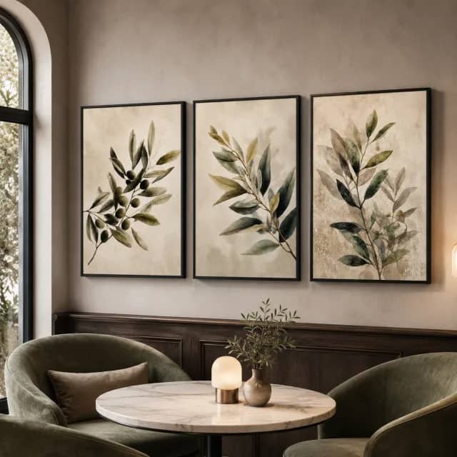Quiet Olive Branches in black frames in an elegant hospitality corner