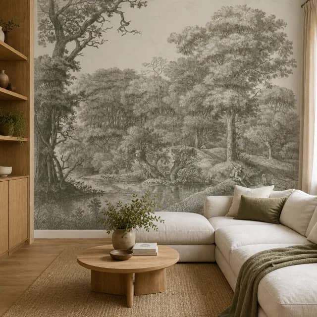 Engraved woodland mural on a warm living room wall