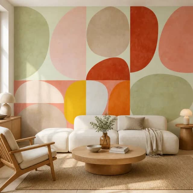 Colorful geometric mural on a contemporary living room wall