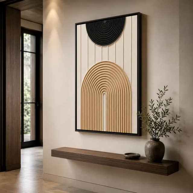 Quiet Echo Gateway in a black floater frame above a wood entry shelf
