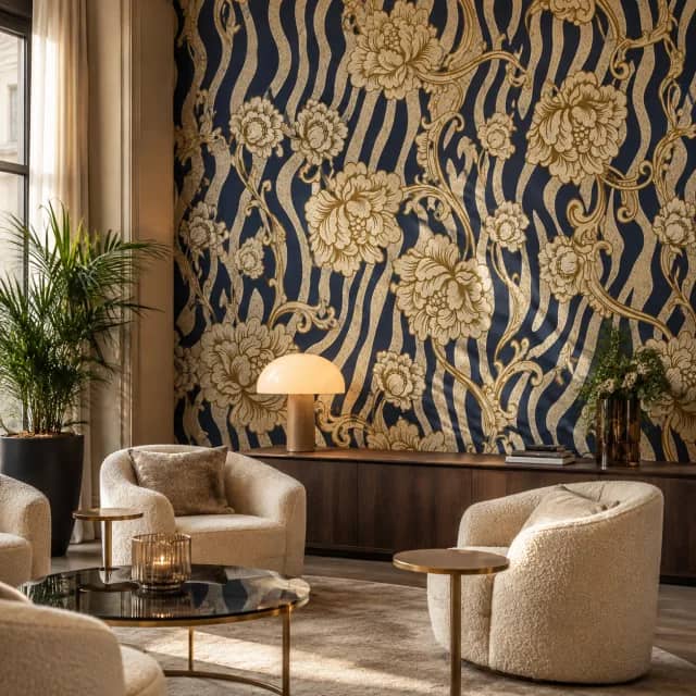 Navy and gold floral zebra wallpaper in an elegant lounge corner