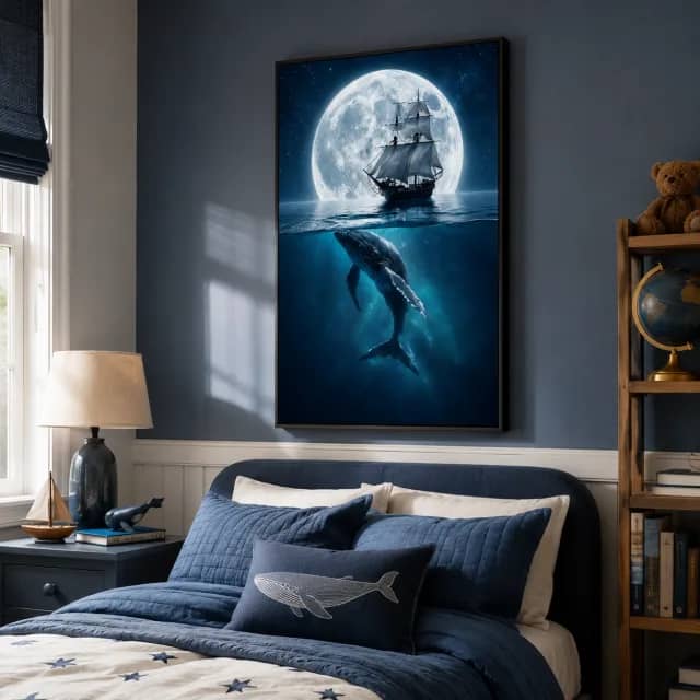 Blue Moon Voyage in a white frame above a calm child reading nook