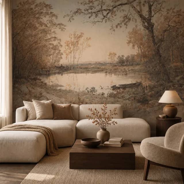 Autumn river mural behind warm contemporary living-room furniture