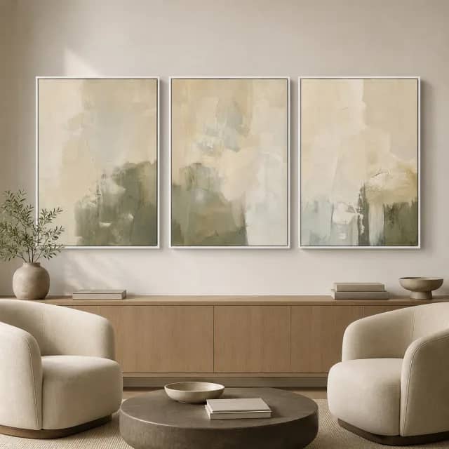 Three Plaster and Sage Whisper panels in a minimal office lounge with white frames and balanced beige and sage tones.