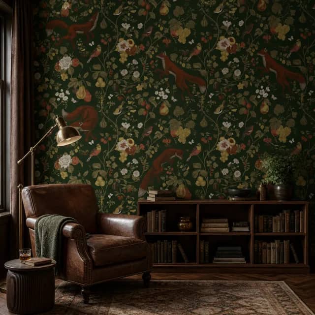 Vintage fox woodland mural in a classic reading room