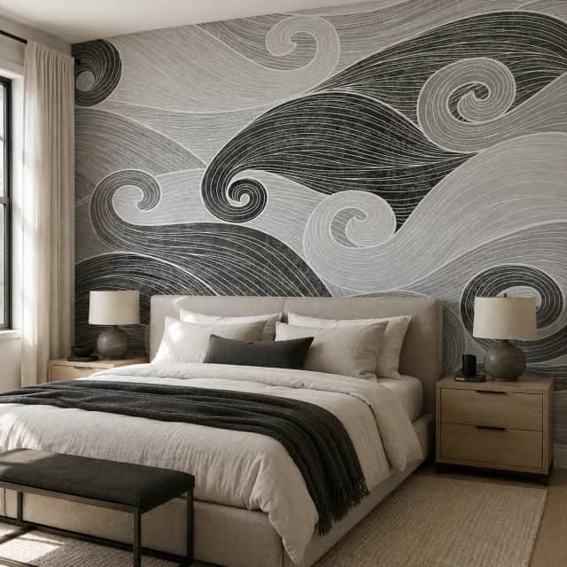 Gray abstract wave wallpaper installed behind a modern bed