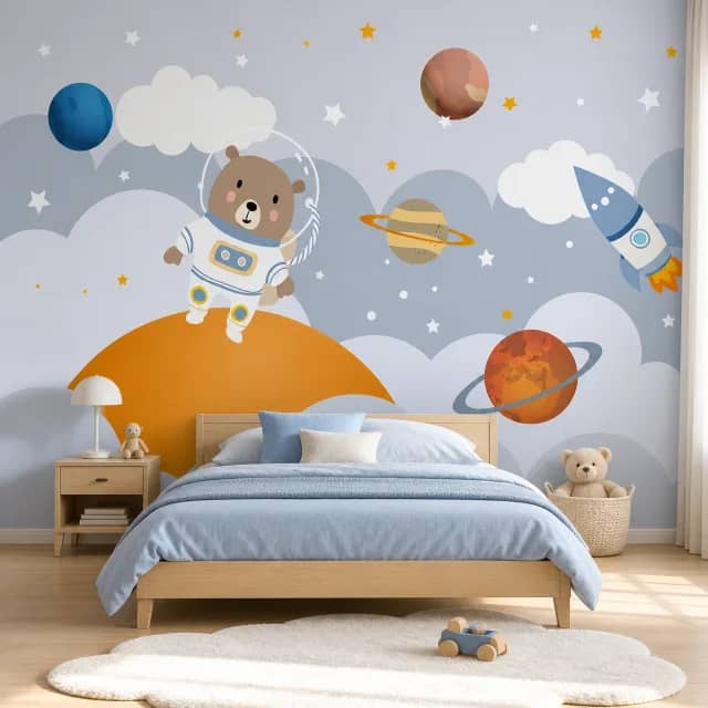 Bear astronaut wallpaper installed in a child’s bedroom with light wood furniture