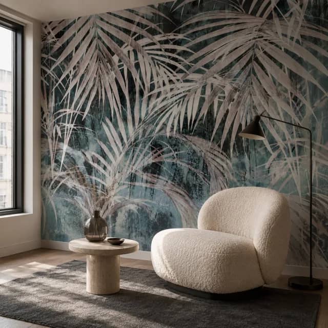 Teal palm wallpaper installed in a lounge corner with an ivory chair