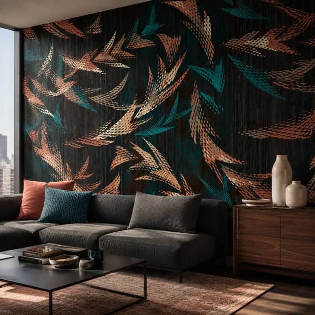 Abstract bird wallpaper installed on a modern living room wall