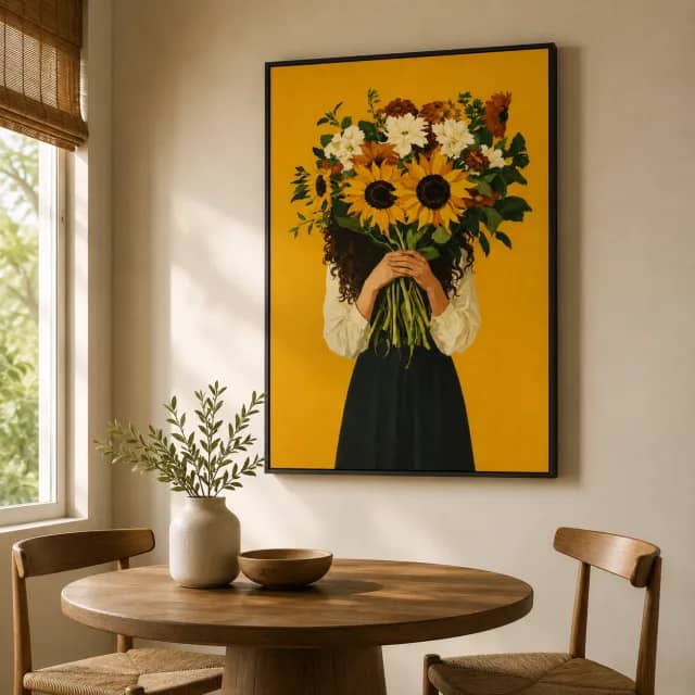 Hidden Sunflowers in a black frame styled in a warm dining corner with natural light