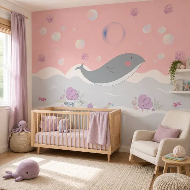 Pink whale wallpaper installed behind a child's crib