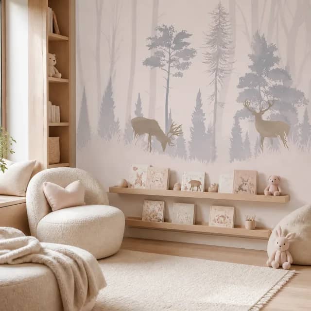 Woodland mural in a calm child’s reading nook
