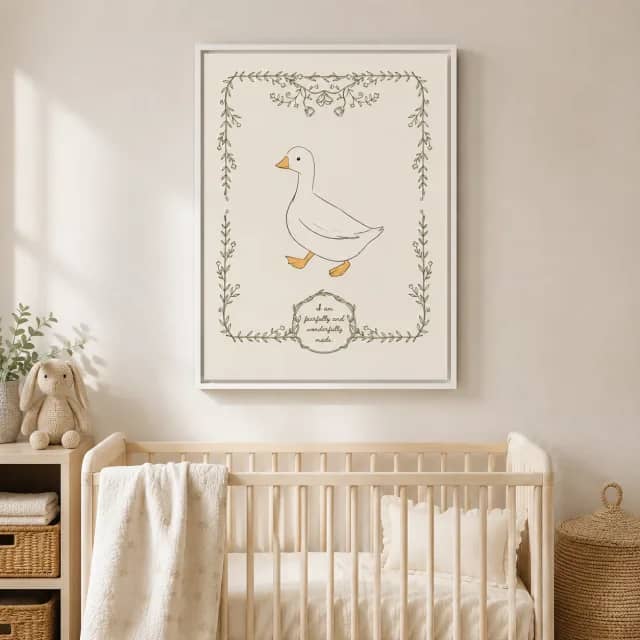 Quiet Pond Duck in a white frame above a light wood crib in a soft nursery