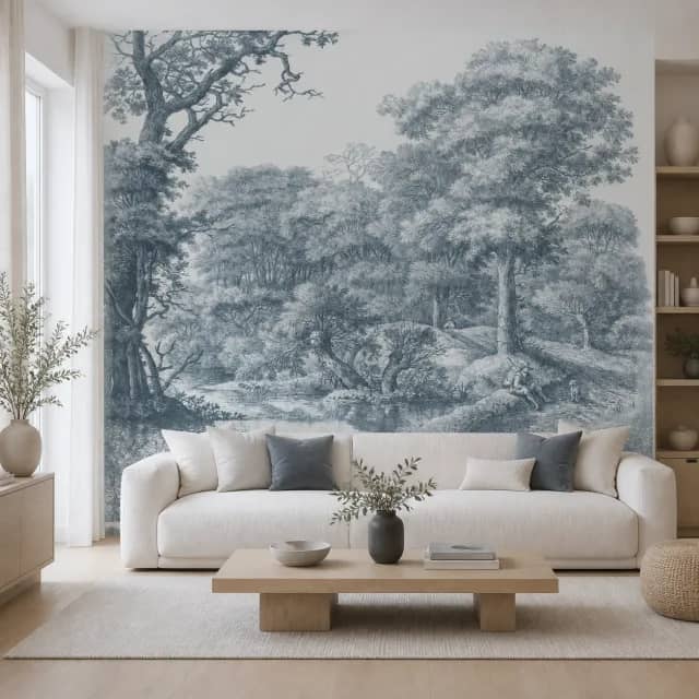Blue engraved forest mural behind a white sofa in a modern living room