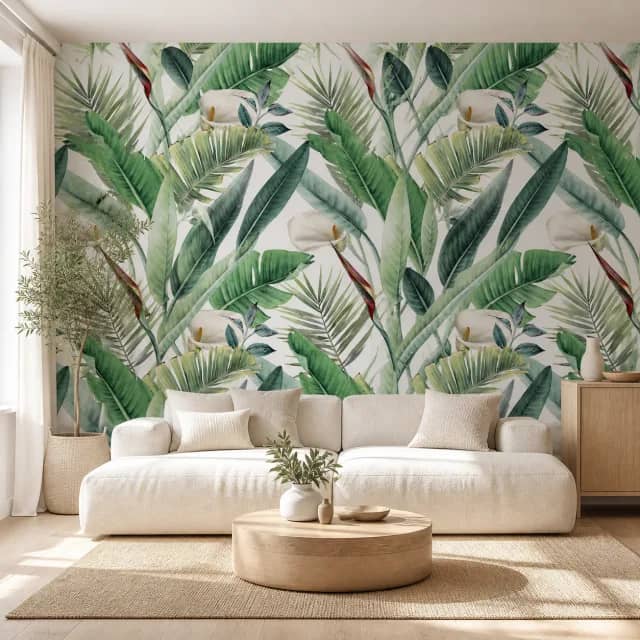 Green tropical wallpaper in a bright living room