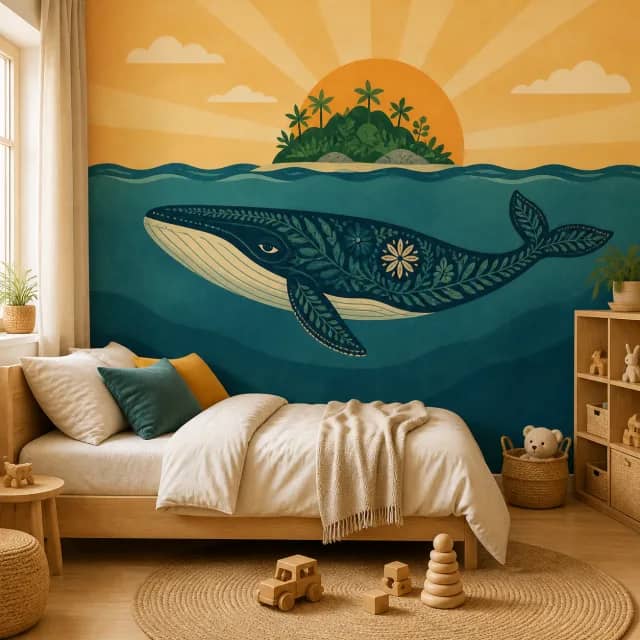 Island Sunrise Whale mural in a children's bedroom