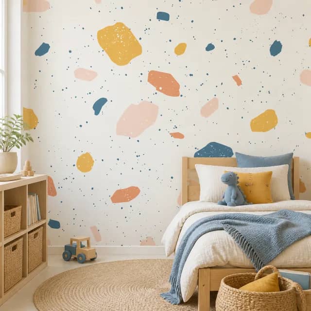 Colorful terrazzo mural on a children's bedroom wall