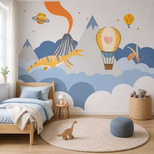 Dinosaur mural in a calm blue children's bedroom