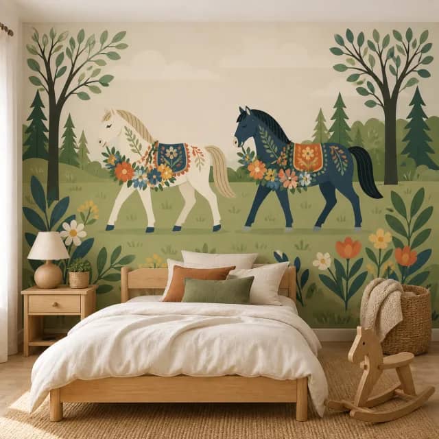 Floral horse mural in a children's bedroom