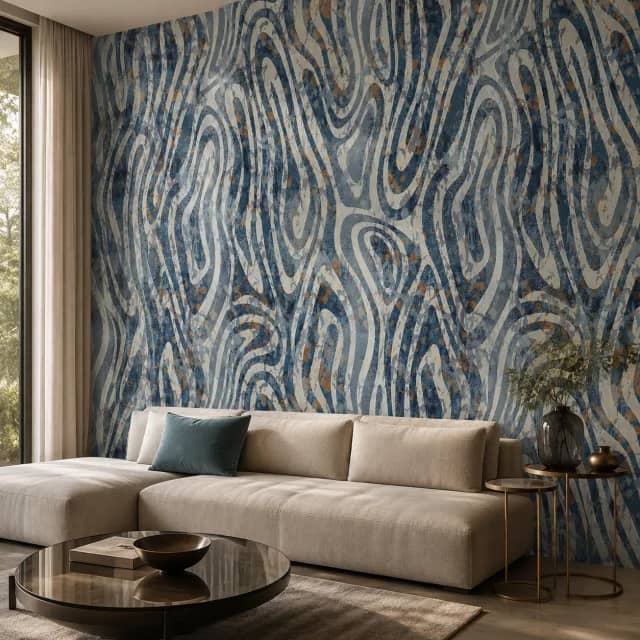 Blue-gray zebra abstract wallpaper in a modern lounge corner with a light sofa