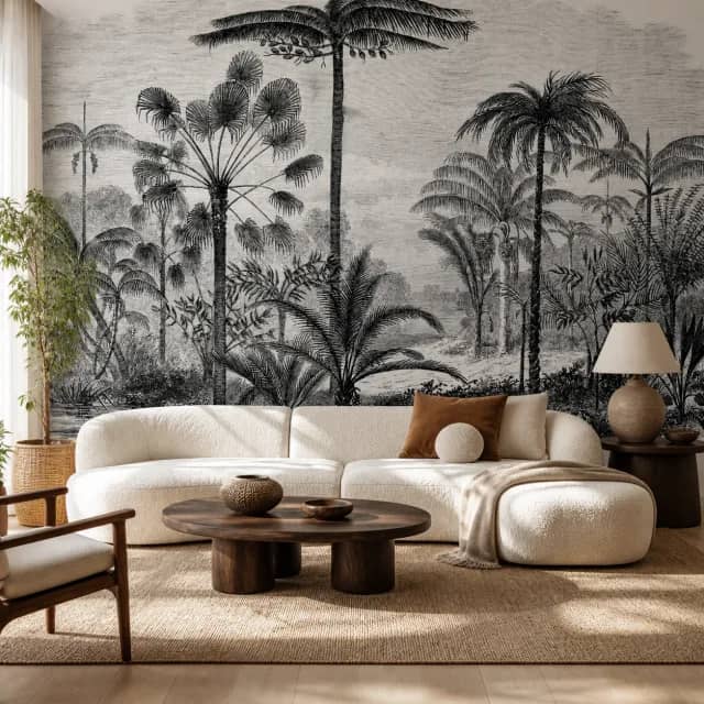 Engraved black-and-white palm mural in a contemporary living room