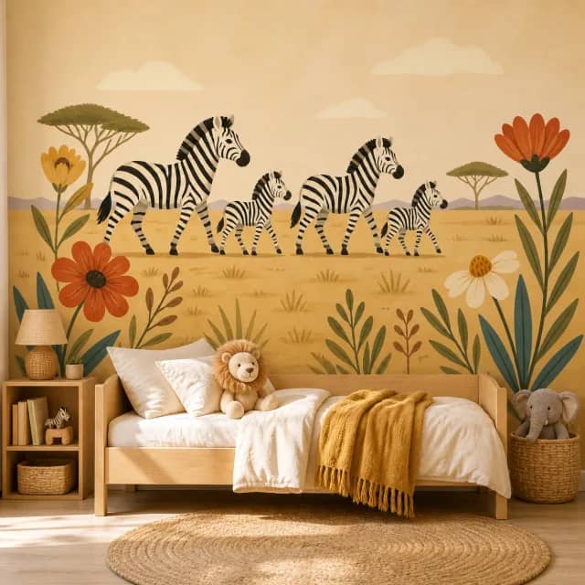 جداريّة الحُمُر الوحشية على حائط غرفة أطفال بسرير خشبي