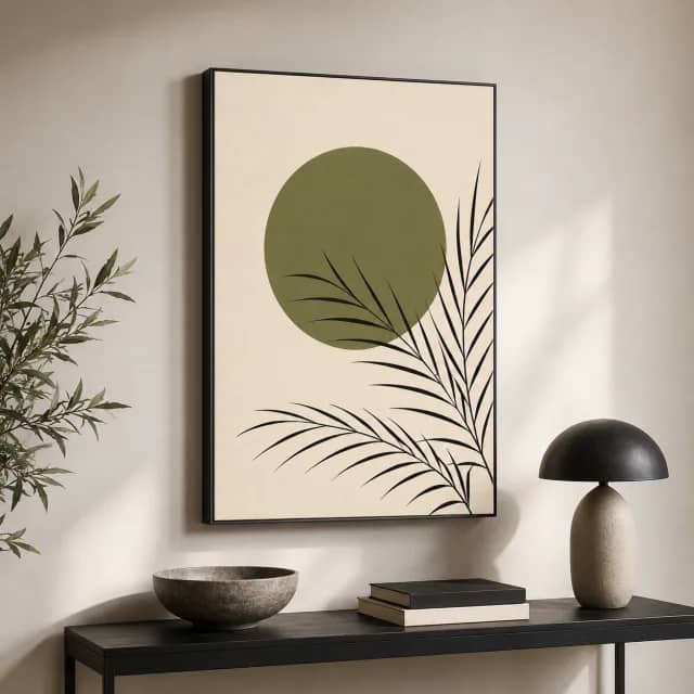 Olive Palm Shadow in a black floater frame above a modern console with soft light