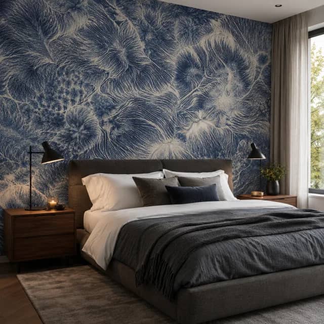 Ivory Navy Fronds wallpaper installed behind a bed in a modern bedroom