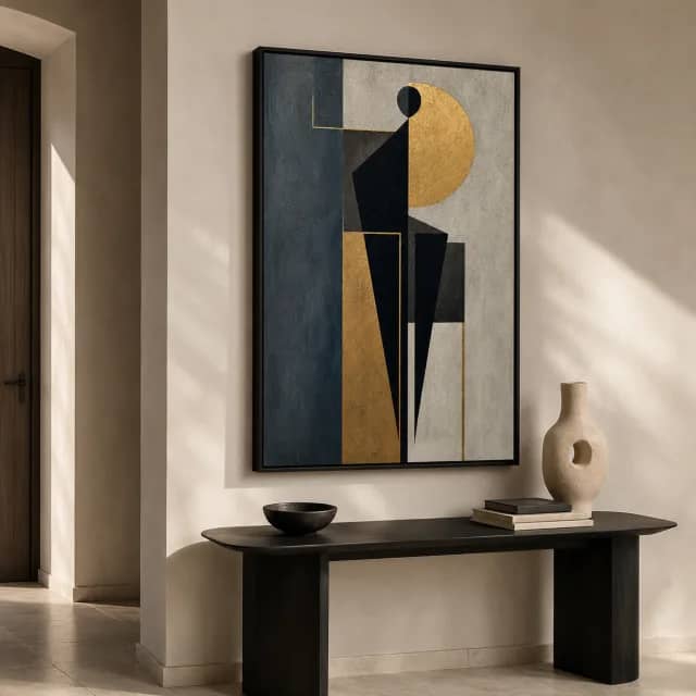 Silent Gold Rhythm above a black console in a modern entryway with a black frame