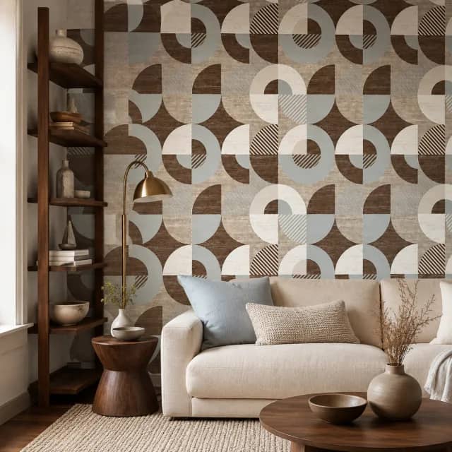 Blue brown geometric wallpaper installed on a modern living room wall