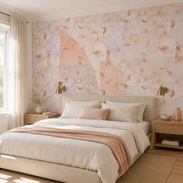 Blush floral wallpaper installed behind a calm bedroom bed