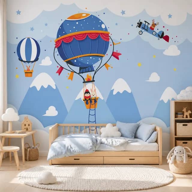 Balloon wallpaper in a sunlit nursery with a natural wood toddler bed