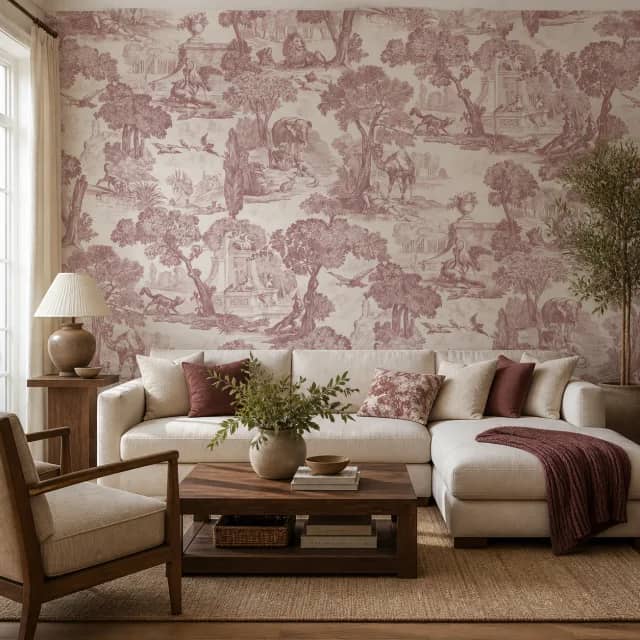 Rose toile mural installed in an elegant living room
