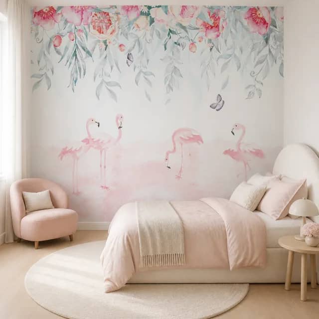 Flamingo mural on a softly styled blush bedroom wall