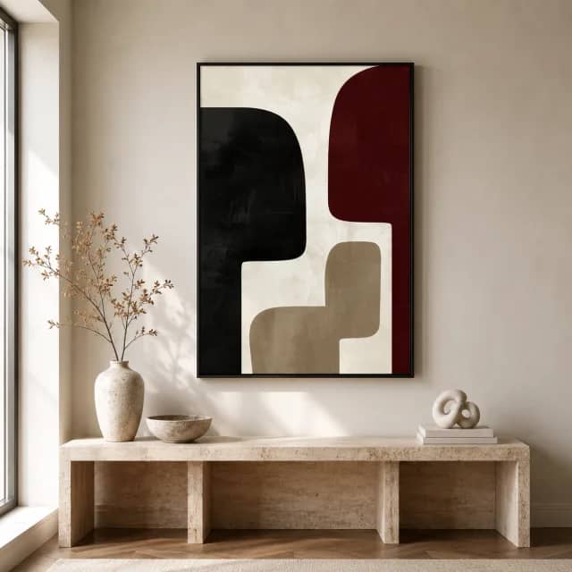 Silent Intersections above a stone console in a calm living corner with a black frame