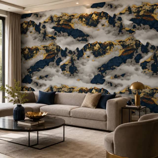 Navy and gold marble wallpaper in a modern living room