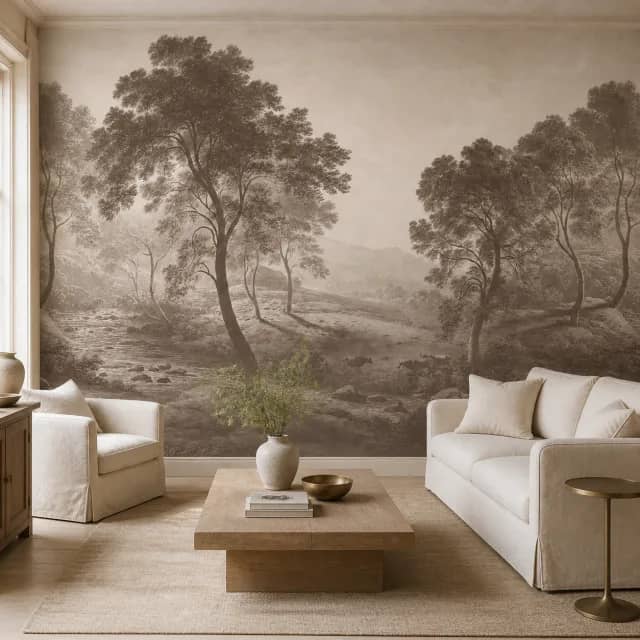Sepia pastoral landscape mural in a bright living room
