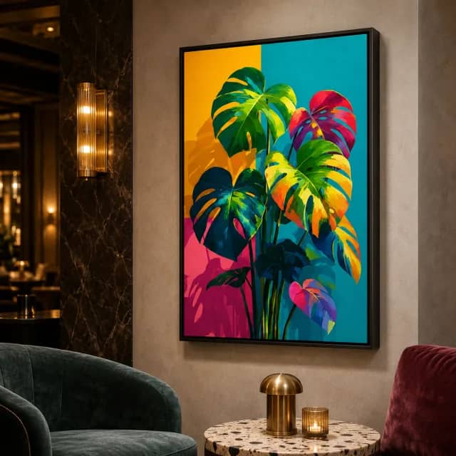 Tropical Leaf Pulse in a black frame inside a warm boutique hotel lounge.
