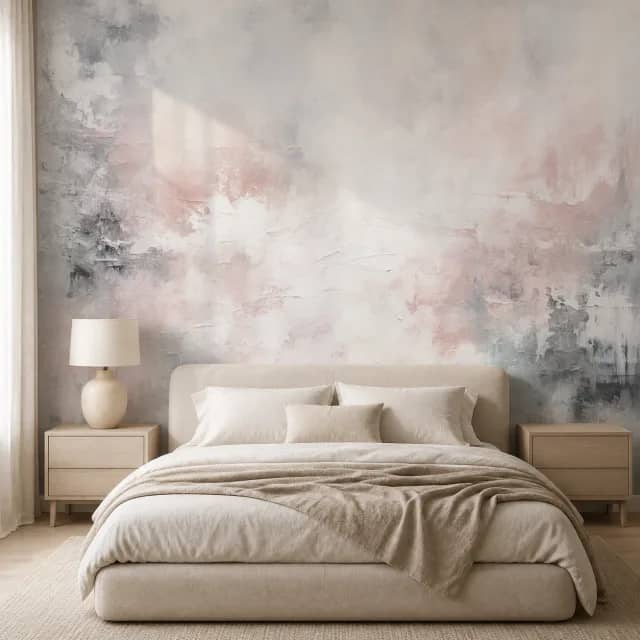 Blush gray abstract mural behind an upholstered bed in a serene bedroom
