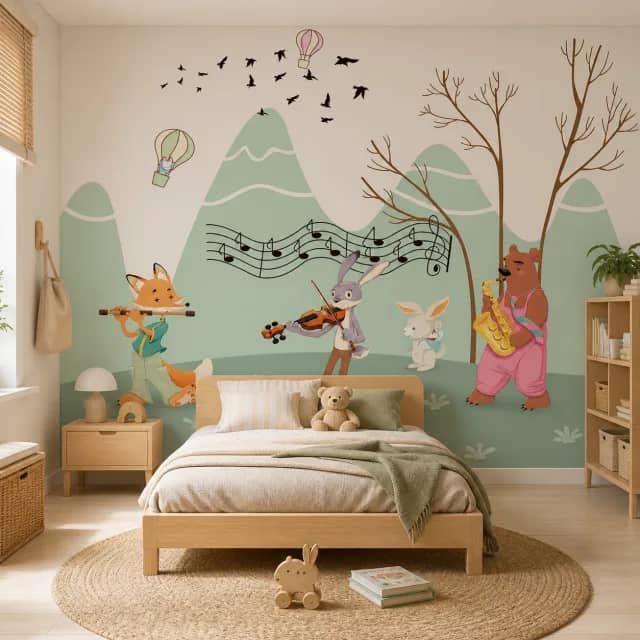 Woodland orchestra mural behind a bed in a kids bedroom