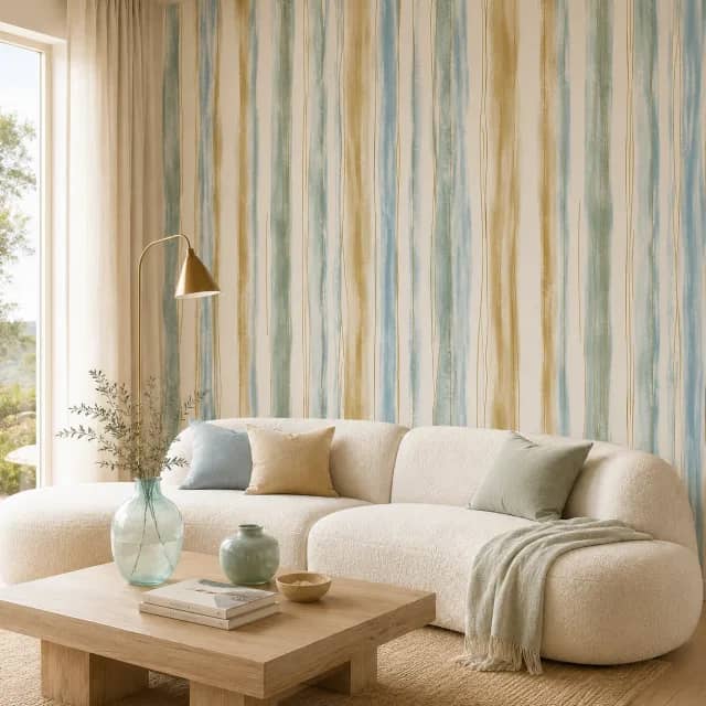 Watercolor stripe wallpaper installed in a modern living room with a light sofa