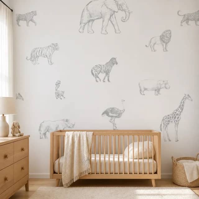 Calm nursery with safari animal mural behind a wooden cot