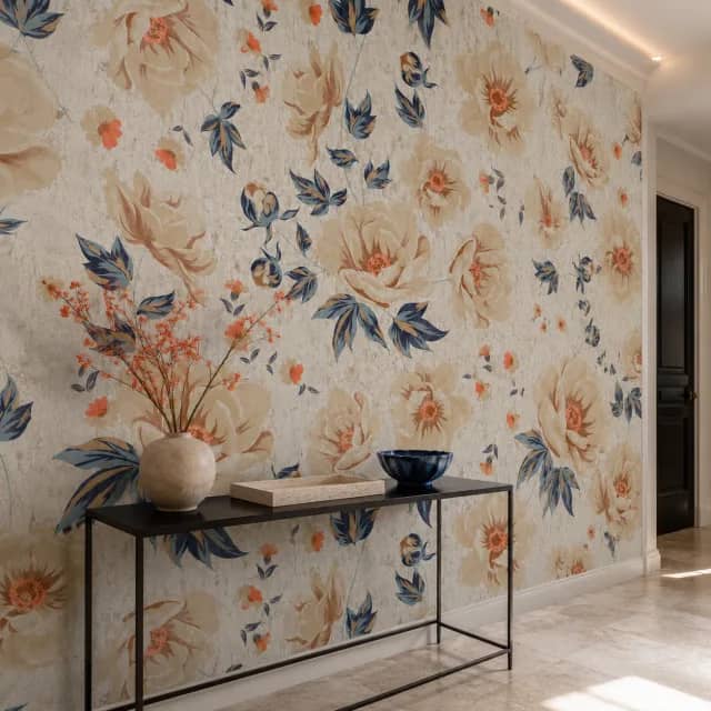 Elegant floral wallpaper in a residential entryway